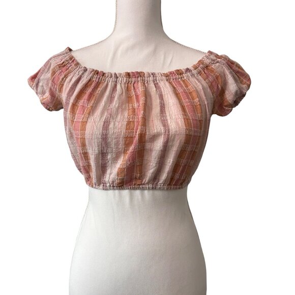 Aerie Pink & Orange Plaid Off-Shoulder Crop Top Elastic Hem & Sleeves Womens S - Picture 1 of 10